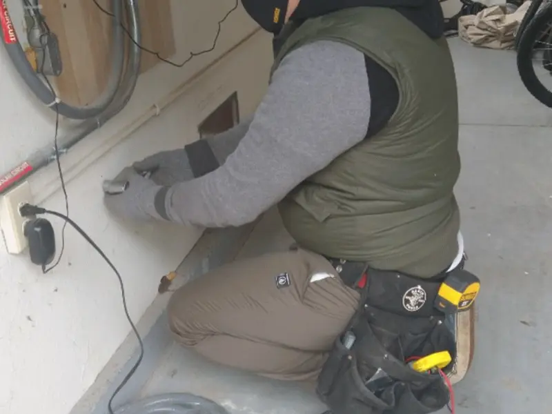 Electrician performing outlet wiring in a Church Hill garage